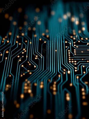 Illuminated Circuit Board Detail Showing Data Pathways and Processing Power