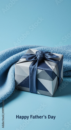 Father's Day: Gift box on blue cloth, minimalist background