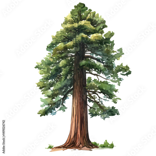 Majestic Redwood Tree With A Thick Trunk, watercolor drawing vector, high quality, isolated on a white background.