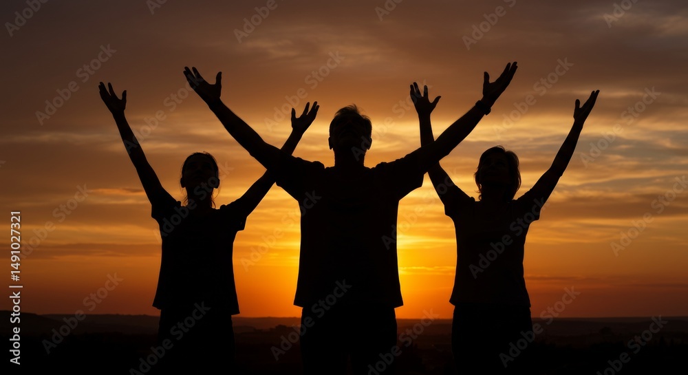Fototapeta premium Silhouettes of people raising arms to the sky during majestic sunset glow