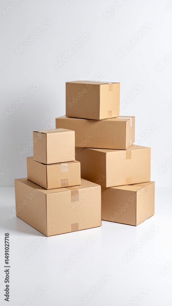 Fototapeta premium Stack of cardboard boxes ready for shipping on white background
