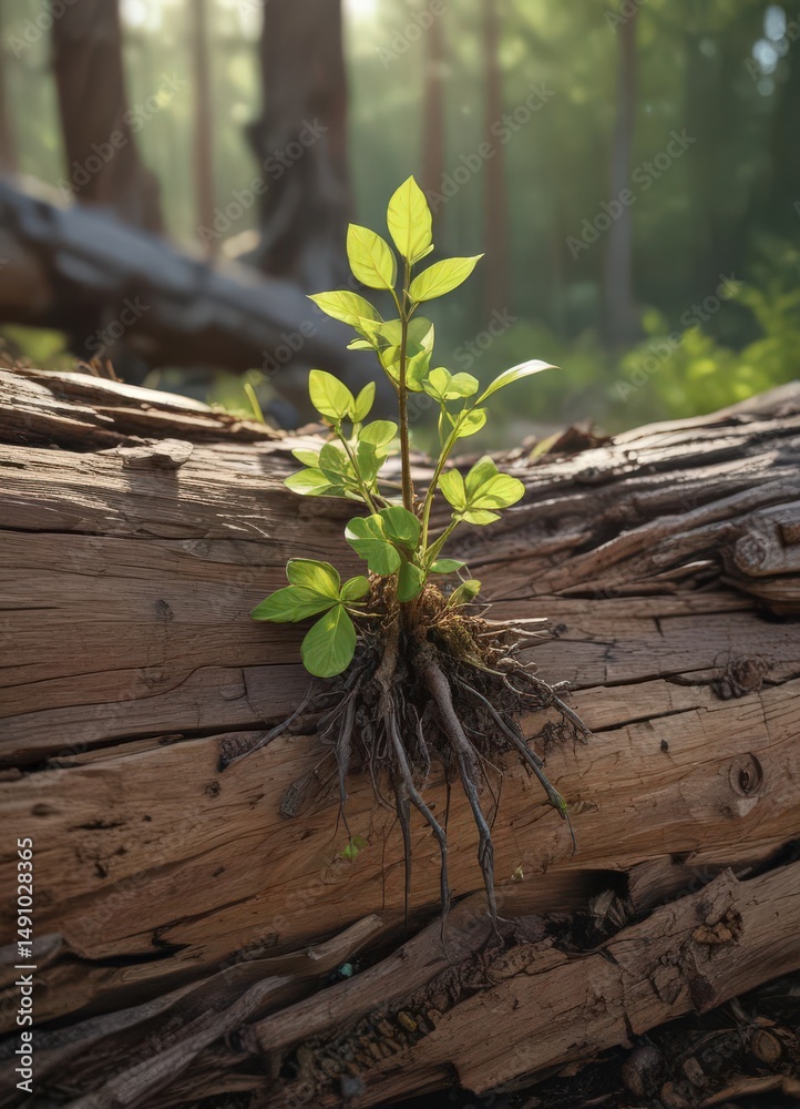 Obraz premium Tiny sapling sprouts from decaying log, sunlight dappled , macro, brown