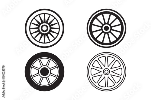 Spoked Wheel Icons Vector Line Art Set for Transport, Mechanics and Design