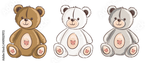 Cute cartoon teddy bear set in brown, white and grey colors. Vector illustration