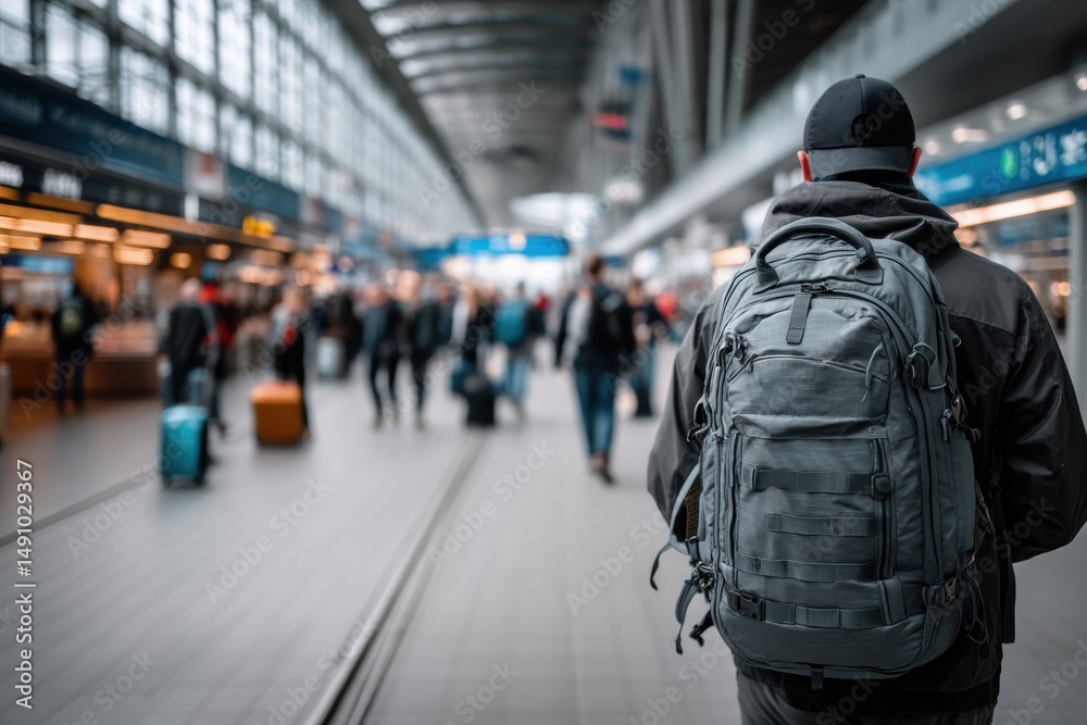 Fototapeta premium Individual with a gray backpack stands in a busy airport terminal, surrounded by travelers and luggage, capturing the essence of modern travel and exploration
