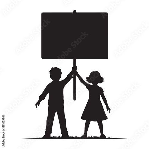 Children holding blank protest sign vector silhouette illustration design