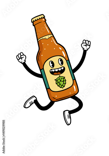 Cartoon beer bottle with arms and legs dancing joyfully  
