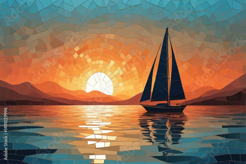 Seascape Mosaic Art: Sailboat at Sunset