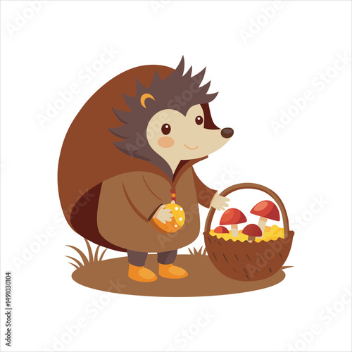  Cute Hedgehog Gathering Mushrooms Vector Illustration