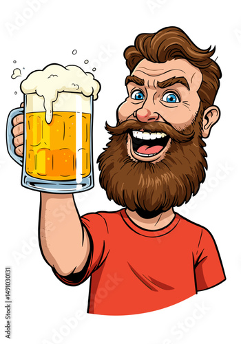 Happy man with beard raising a beer mug in celebration  