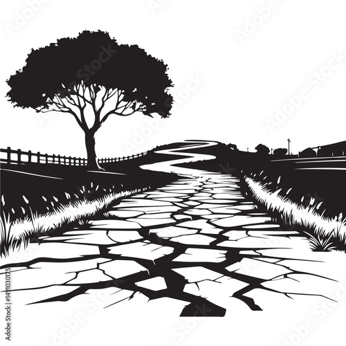 Cracked road illustration leading to rural landscape with a tree