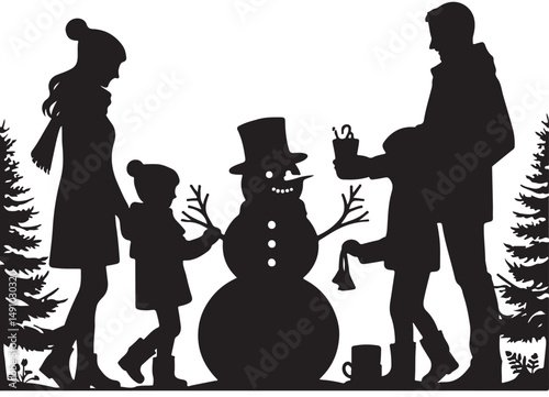 Silhouette of a family building a snowman during the winter