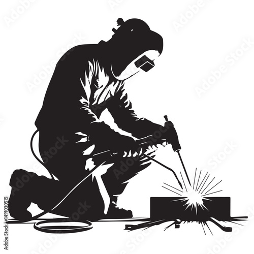 Welder Silhouette Vector Illustration Working with Metal Sparks