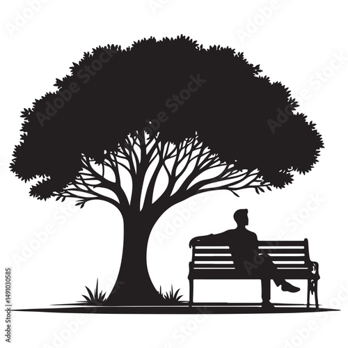 Silhouette man sitting on bench under tree illustration vector image photo