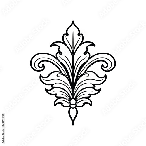 Elegant Leaf Scroll Ornament Line Drawing