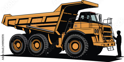 Mining Truck Silhouette with Worker Heavy Equipment Vehicle in White Background
