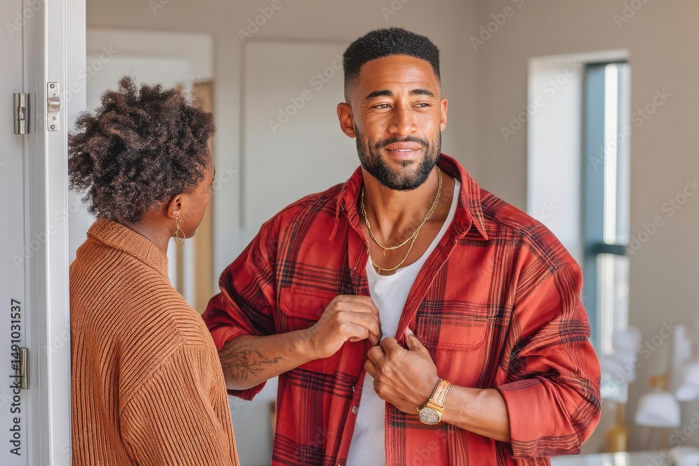 Man in red plaid shirt engaging in conversation indoors