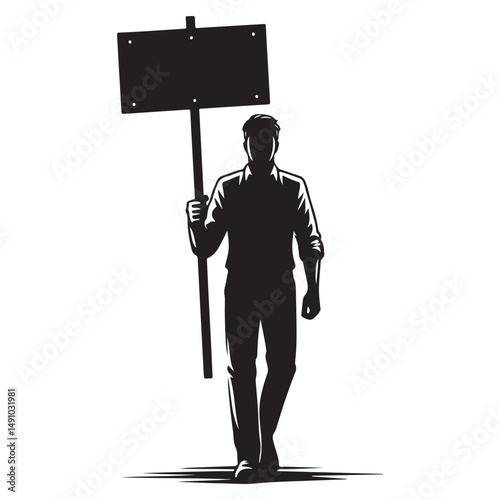 Silhouette man holding blank sign for demonstration vector illustration