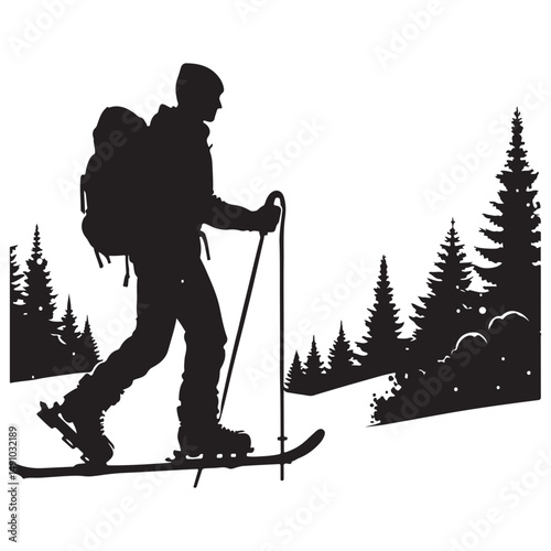 Silhouette backcountry skiing man illustration vector graphic design art