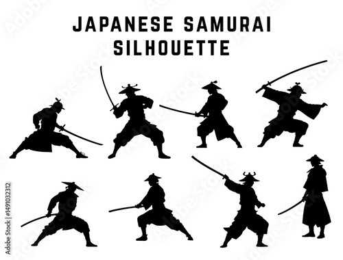 samurai warrior set using swords in combat action fierce battle stances traditional japanese armor vector silhouettes perfect for martial arts and historical artwork