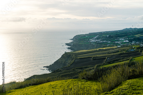 Panoramic View of the Mountains and Coastline of the Azores Islands