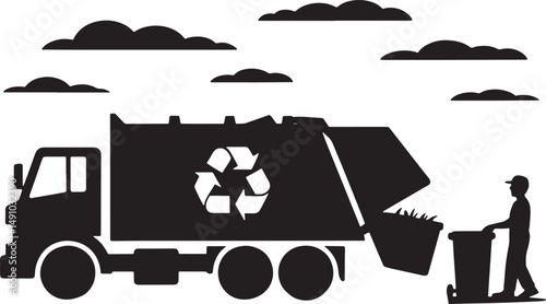 Silhouette of Recycling Truck with Clouds and Worker Emptying Trash on White Scene