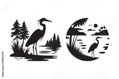 Heron Lake Scene SVG Bird Nature Landscape Silhouette Clipart for Cricut and Laser Cutting