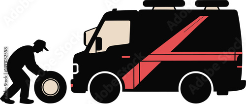 Mechanic Changing Tire on Black Van Silhouette with Red Stripe on White Backdrop