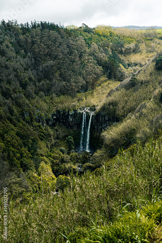 Waterfall in the Lush Green Landscape of the Azores Islands, Portugal