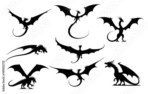 wyvern dragon set in different poses mythical winged creatures fierce fantasy beasts vector silhouettes ideal for game assets fantasy stories and medieval themes