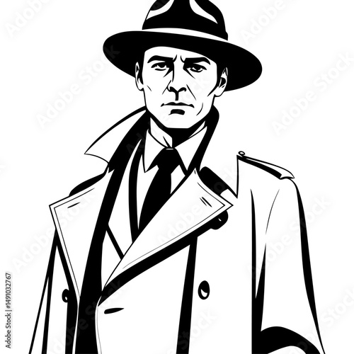 focused detective half body portrait silhouette with trench coat and serious expression vector perfect for thriller mystery and crime genre illustrations