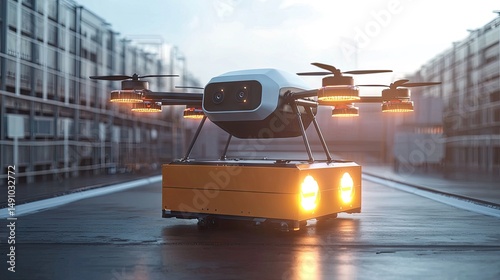 Autonomous delivery drone hovering over cargo containers.