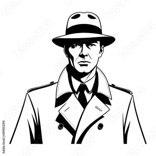 mysterious half body detective portrait silhouette with classic hat and trench coat detailed facial profile perfect for noir crime and mystery themes