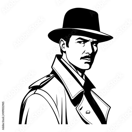 stylish detective half body portrait silhouette with trench coat hat and sharp profile vector suitable for crime fiction detective stories and mystery branding