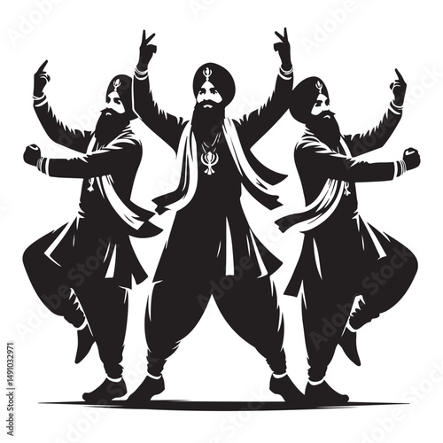 Silhouette of three sikh men dancing bhangra vector illustration