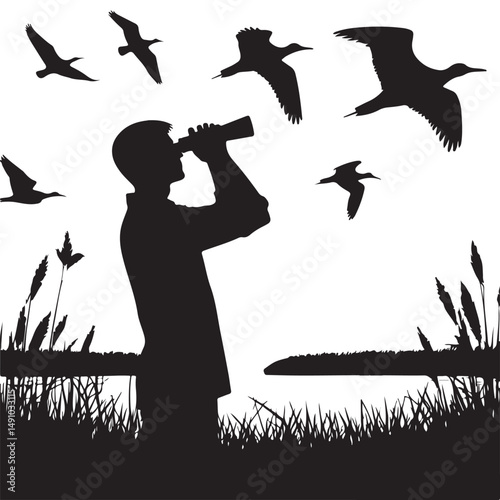Bird Watching Silhouette Vector Illustration Wildlife Observation Scene