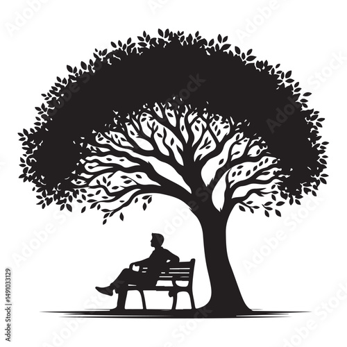 Man Sitting Under Tree Silhouette Vector Graphic Illustration