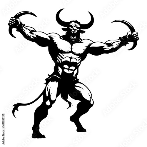 powerful minotaur warrior silhouette holding weapons in fierce battle stance vector ideal for fantasy games, mythological art, and heroic character designs