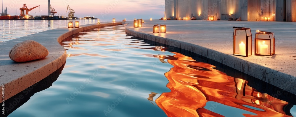 Lanterns reflecting over calm waters near a serene harbor at sunset