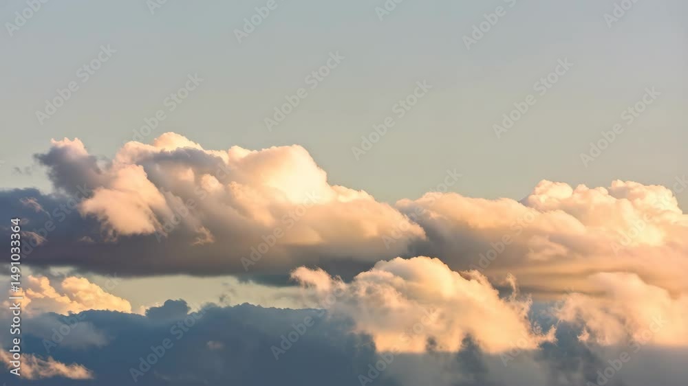 Dramatic cloudscape with puffy cumulus clouds tinted by golden sunlight, creating an ethereal and atmospheric mood during daylight sky.