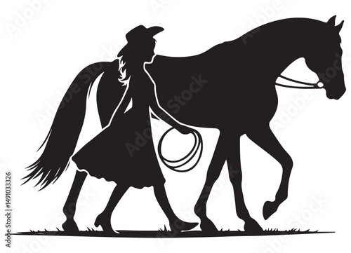Cowgirl Walking with Her Horse Silhouette Vector Design Image
