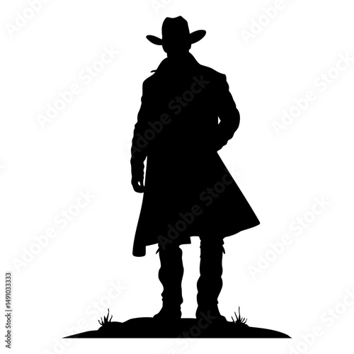 standing cowboy silhouette wearing a long coat and hat confident wild west figure vector suitable for western logos story illustrations and vintage designs