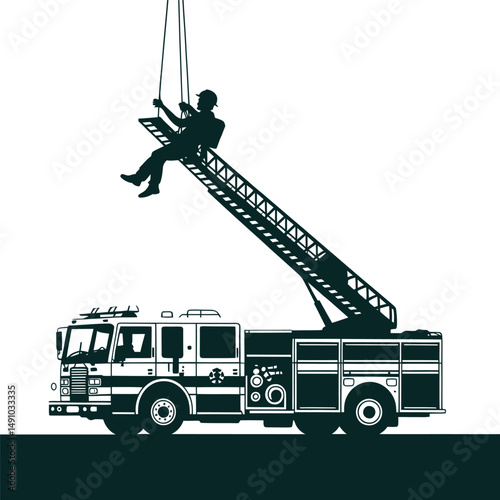 Firefighter Training with Ladder and Rope Silhouette Illustration on White Background
