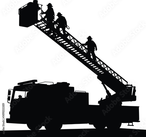 Silhouette of Firefighters on Ladder Truck Against a White Background