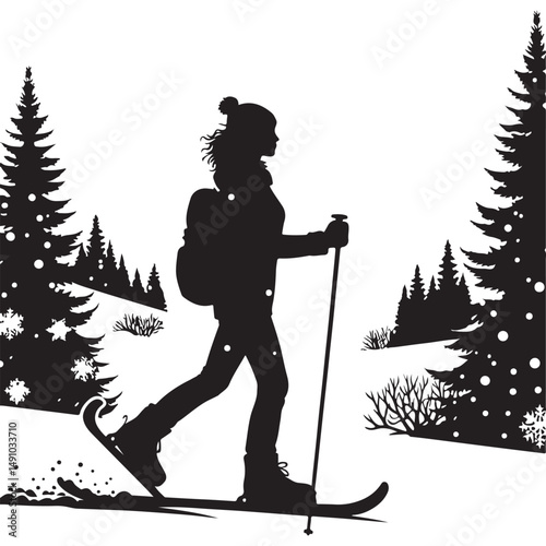 Cross Country Skiing Silhouette Winter Adventure and Snowy Mountain Trail
