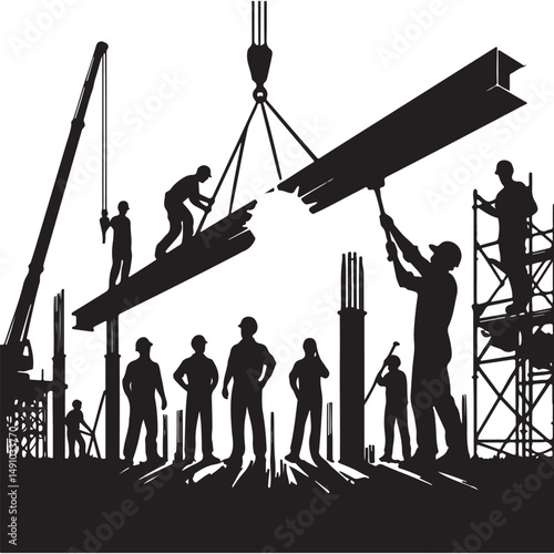 Construction Workers Silhouette Building Structures and Infrastructure Progress