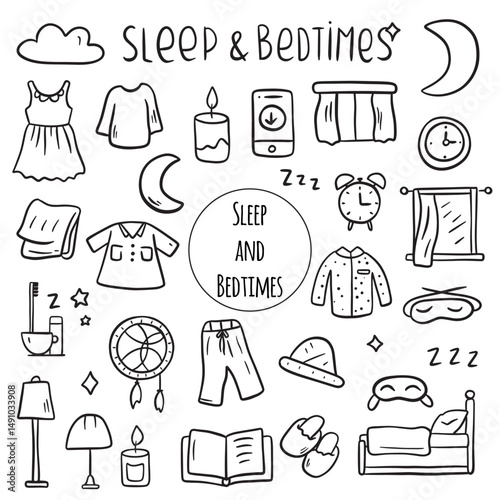 A set of doodle elements for sleep, rest time, comfort at night. Hand drawn sketch style.