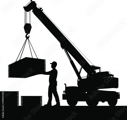 Crane Lifting Materials with Construction Worker Silhouette at a Building Site