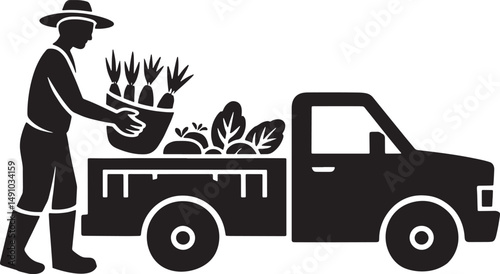 Farmer Loading Vegetables into Pickup Truck Silhouette Illustration Agriculture Scene