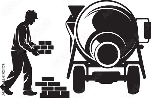 Construction Worker with Cement Mixer Silhouette Illustration Building Industry Scene
